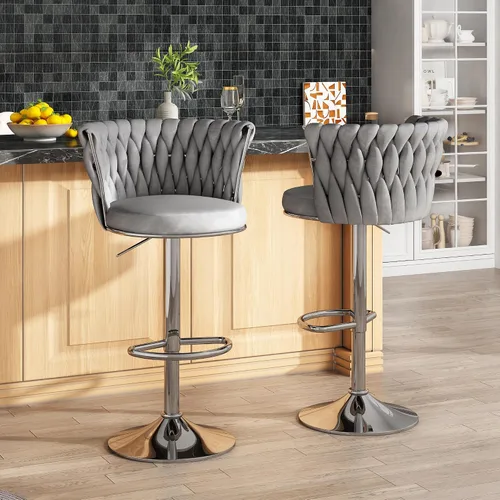 Vista 2 de Lamerge Juego de 2 taburetes de bar de terciopelo, sillas de bar giratorias modernas, taburetes de bar de cocina, taburetes de bar ajustables, Gris
