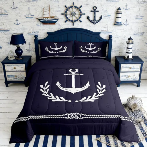 Vista 36 de Juego de edredón Lake House tamaño Twin, juego de ropa de cama náutica de navegación con ancla de 2 piezas para decoración de habitación de niños