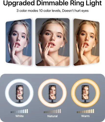 Vista 2 de andobil Anillo de luz de 10 pulgadas con soporte de trípode de 63 pulgadas, anillo de luz LED para selfie con control remoto Bluetooth, soporte