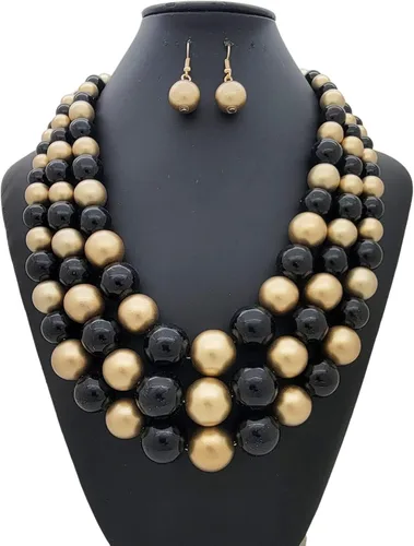 Vista 2 de Conjunto de collar y aretes de imitación de tres hilos para mujer