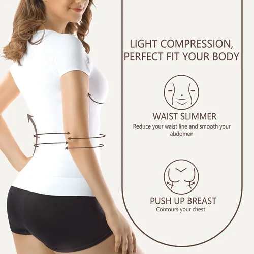 Vista 3 de +MD Camiseta de compresión de manga corta para mujer, con cuello redondo, camiseta básica sin costuras