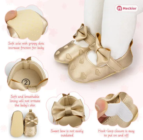 Vista 5 de Meckior Zapatos deportivos para bebé y niñas, suela suave, con lazo, princesa, vestido de boda, Mary Jane, planos, para recién nacidos, ligeros