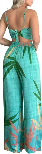 Vista 2 de Conjunto de 2 piezas de verano para mujer, con parte superior corta de cintura alta, pantalones de pierna ancha