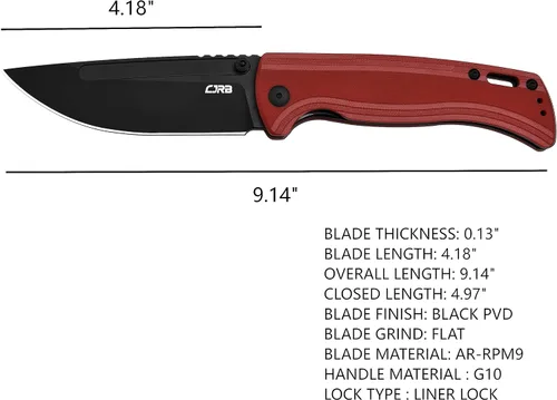 Vista 2 de CJRB CUTLERY Cuchillo de bolsillo Recurso (J1932) para pulgar, cuchillo plegable para hombre, hoja de acero PVD AR-RPM9 negro y mango rojo G10