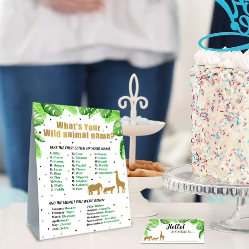 Vista 6 de Juego de nombre de animales salvajes - Juego de fiesta de cumpleaños con letrero temático de animales y etiquetas adhesivas de nombre