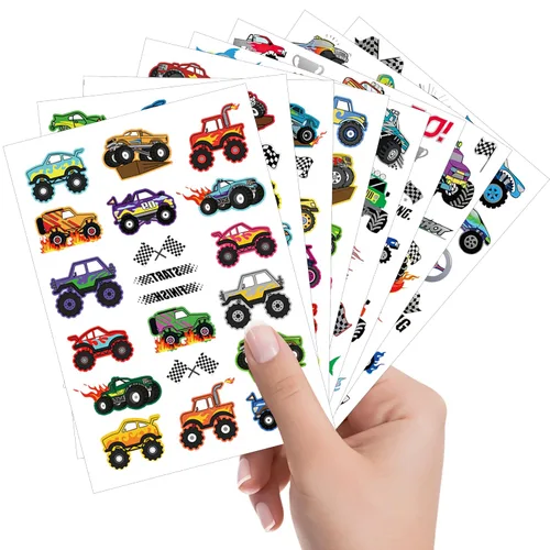Vista 5 de 150 tatuajes temporales precortados de Monster Truck Race Car para niños Recuerdos de fiesta de cumpleaños temáticos súper lindos, suministros