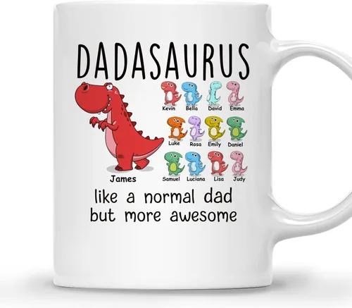 Vista 13 de Gossby Taza de Café Personalizada DADASAURUS – Regalo Personalizado para Papá de Niño, Hija, Hijo, Esposa Con Diseño, Nombres – Divertido Día