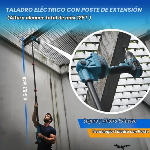 Vista 7 de Taladro telescópico inalámbrico 2 en 1, herramienta de limpieza de taladro de potencia máxima de 20 V con 2 baterías y cargador de 2.0 A, poste