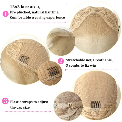 Vista 6 de QD-Tizer Peluca de cabello rubio con encaje frontal, peluca larga y lacia, cabello natural, resistente al calor, fibra sintética, encaje frontal