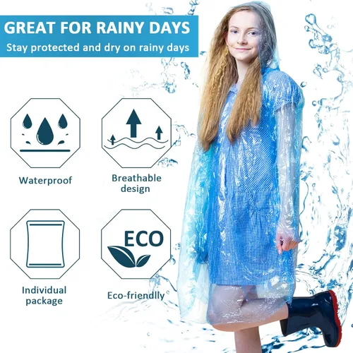 Vista 3 de Foaincore Paquete de 100 ponchos de lluvia desechables para adultos, abrigo impermeable de emergencia con capucha, ponchos desechables para camping
