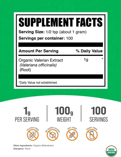 Vista 2 de BulkSupplements. com Extracto de raíz de valeriana en polvo, extracto de valeriana, para el bienestar general, sin gluten, 500 mg por porción, 100 g