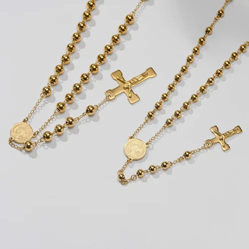 Vista 5 de VNOX Collar unisex de acero inoxidable largo con cuentas de rosario de Jesús cruz católica crucifijo católico 36 pulgadas Edelstahl Piedra de lava