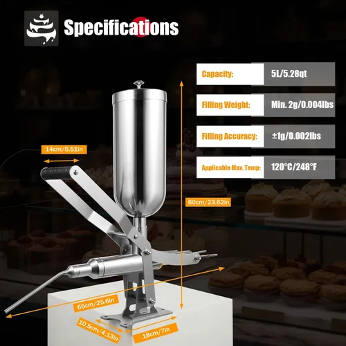 Vista 6 de Máquina de llenado manual de churrera churros 5L Donuts españoles Postre Churro Makers Máquina de llenado de mermelada de chocolate de acero