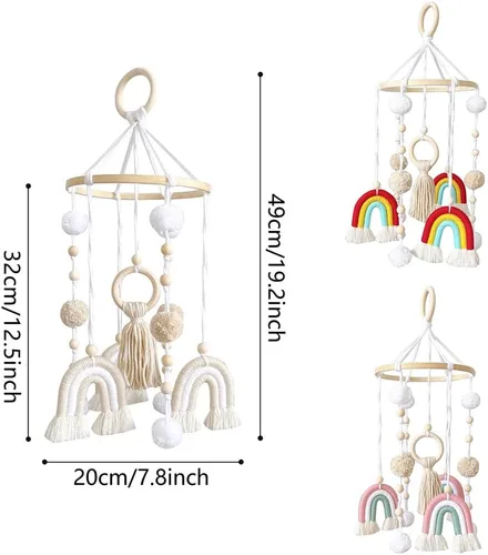Vista 4 de Móvil de macramé para cuna – Móvil neutro de género para decoración de guardería – Decoración bohemia para colgar en la pared de arcoíris – Borlas