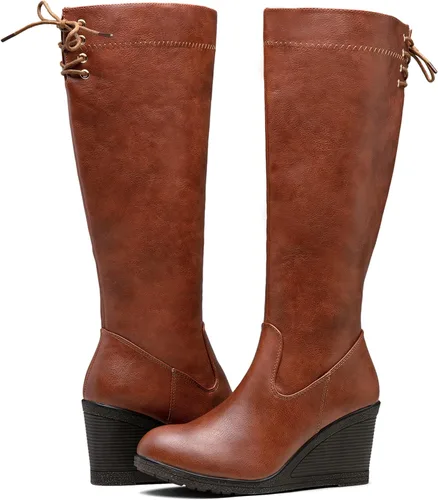 Vista 7 de Vepose Botas altas hasta la rodilla 9651 para mujer, de moda, con tacón de cuña, botas de pantorrilla para mujer