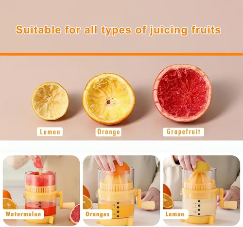 Vista 2 de Exprimidor manual de cítricos con taza medidora, prensa manual de plástico transparente para limones, naranjas, pomelo, base giratoria
