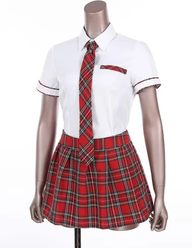 Vista 4 de Atuendos de colegiala para mujer, uniforme de cosplay, camisas de manga corta, falda a cuadros