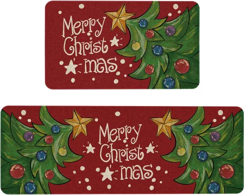 Vista 9 de Mloabuc - Juego de 2 alfombrillas de cocina de Merry Christmas, antifatiga, impermeables, resistentes a las manchas, alfombra azul decorativa