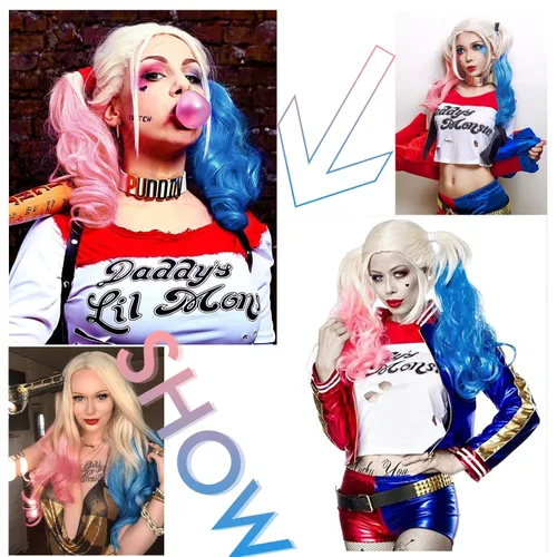 Vista 7 de AISI QUEENS Peluca Harley Quinn para niñas, peluca Harley Quinn de Halloween, peluca de payaso para mujer, peluca rosa y azul para mujer, uso diario