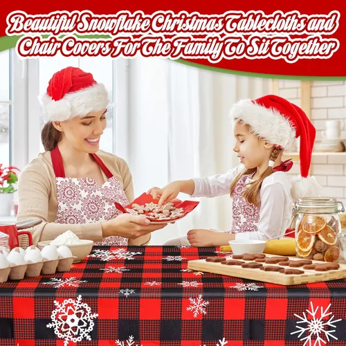 Vista 6 de Preboun Juego de 7 manteles de Navidad para silla, fundas para sillas de Navidad, decoración rectangular a cuadros con copos de nieve, a prueba