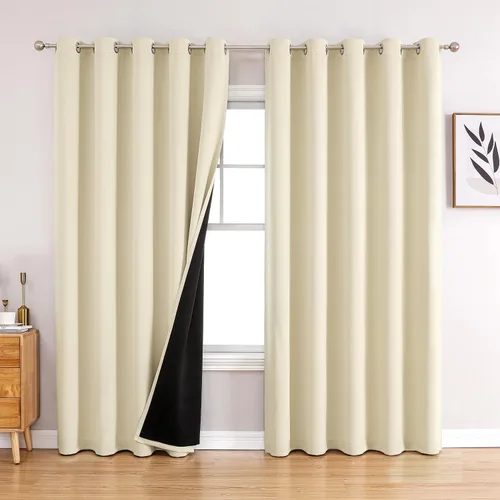 Vista 109 de ChrisDowa Cortinas 100% opacas de 63 pulgadas de largo para dormitorio con forro negro, 2 capas gruesas totalmente opacas con aislamiento térmico