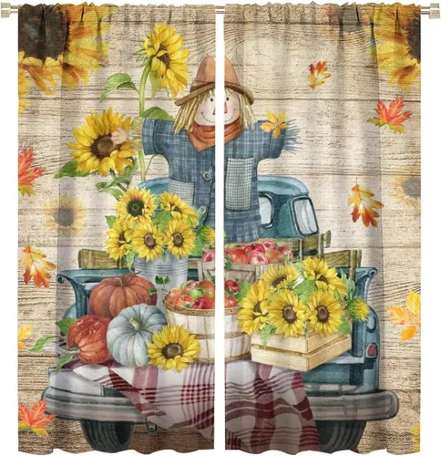Vista 42 de Divertidas cortinas opacas de calabaza y espantapájaros para sala de estar, rústicas de otoño, hojas de arce, girasol, cosecha de otoño, puesta