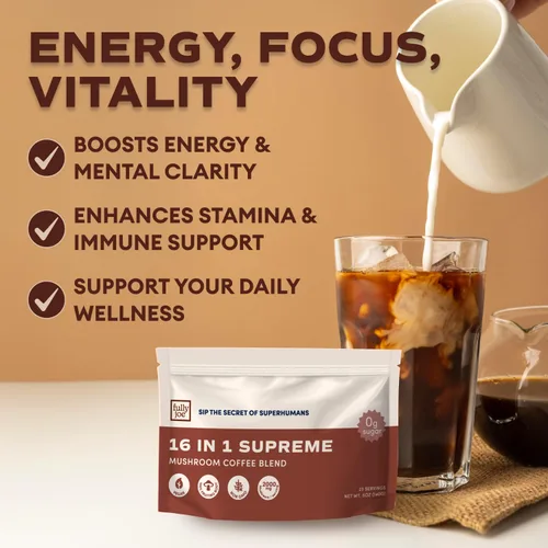 Vista 3 de Café instantáneo Fully Joe Mushroom con 16 hongos superalimentarios, incluye melena de león, reishi, chaga, cordyceps mezclado con café gourmet