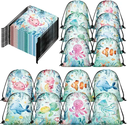 Vista 8 de Sanwuta 18 bolsas de recuerdo de fiesta bajo el mar, bolsas de regalo del océano, bolsas con cordón para regalo de playa, animales marinos, dulces