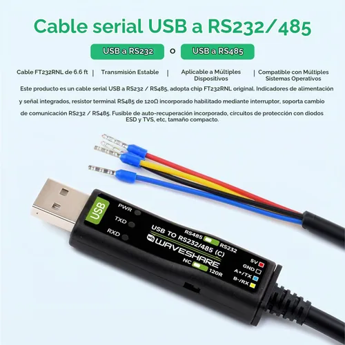 Vista 3 de Wavesahre - Cable USB a serie RS232/485, chip FT232RNL original, compatible con Mac, Linux, Android, Win11/10/8.1/8/7, indicadores de alimentación