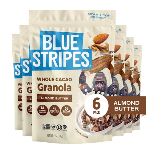 Vista 12 de Blue Stripes Granola de cacao entero con mantequilla de maní y plátano, 8 onzas