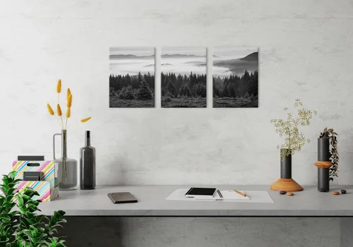 Vista 3 de Lienzo de montaña ahumada en blanco y negro, arte de pared, imágenes de bosque, decoración de pared, árboles brumosos, paisaje, pinturas