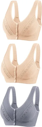 Vista 11 de Glamorette Snap Front Bra Older Women,Snap Front Bra, Sexy Lace Embroidered Bras,Pull-On Front Closure Button Bras 3 unidades de color negro.