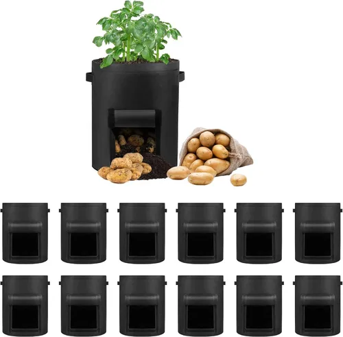 Vista 10 de LITLANDSTAR Paquete de 6 bolsas de cultivo de papas de 7 galones, tela no tejida resistente, bolsa de plantación de jardín, contenedor de plantas
