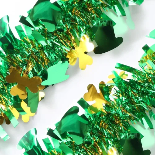 Vista 5 de Guirnalda de oropel del día de San Patricio de 40 pies, guirnalda de oropel metálica con purpurina de trébol verde dorado y verde decoración