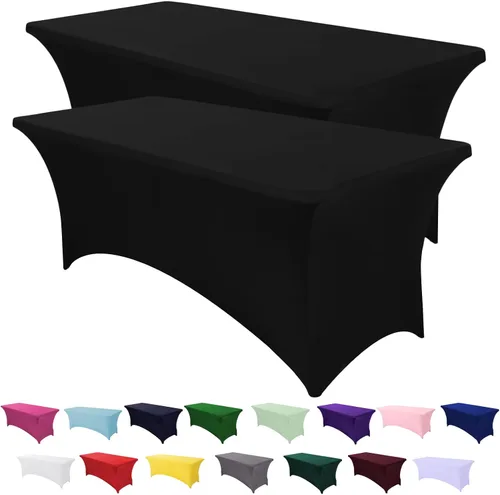 Vista 31 de Paquete de 2 fundas de mesa ajustadas rectangulares de spandex de 6 pies, color beige, mantel de tela elástica sin arrugas para fiestas, ferias