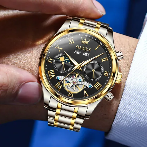 Vista 3 de OLEVS Relojes automáticos para hombre, esqueleto Tourbillon, reloj de pulsera de lujo con diamantes de cuerda automática, acero inoxidable