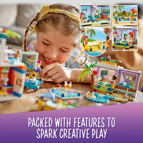 Vista 3 de LEGO Friends Vacation Beach House 41709 Kit de construcción; regalo para niños mayores de 7 años; incluye una mini muñeca Mia, más 3 personajes más