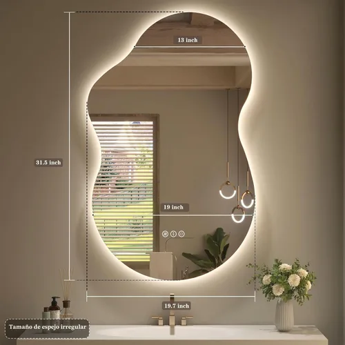 Vista 9 de SMIROR Espejo de Baño Retroiluminado Irregular con Luces 20 x 32, Espejo de Tocador con Luz LED Asimétrica en Forma de Nube para Pared
