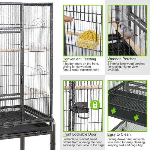 Vista 5 de Jaula grande de hierro forjado de 53 pulgadas con soporte rodante, jaulas para pájaros para cacatúas, color gris africano, agapornis, pinzón canario