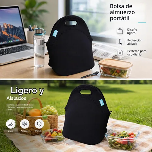 Vista 7 de Bolsa de almuerzo impermeable Ofeily para viandas con material de neopreno fino, bolsa de mamá, Negro