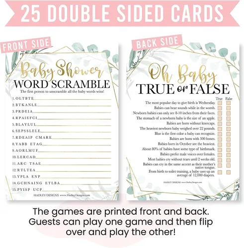 Vista 6 de Hadley Designs 25 palabras verdes Scramble para baby shower, 25 juegos verdaderos o falsos, 25 juegos de animales para bebés, 25 juegos de rimas