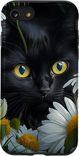 Vista 18 de iPhone 16 Black Cat with Daisies – Enchanting Floral Design Case