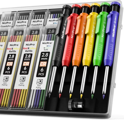 Vista 10 de Nicpro Lápiz de carpintero con sacapuntas, juego de lápices mecánicos con 26 recambios, marcador de agujeros profundos para construcción, Negro