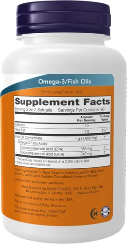 Vista 2 de NOW Suplementos, mini geles omega-3, 180 EPA / 120 DHA, destilado molecularmente, apoyo cardiovascular*, 180 cápsulas blandas