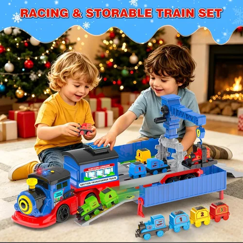 Vista 3 de Juego de tren de juguete 2 en 1 para niños pequeños, base de tren de catapulta con grúa torre móvil, 8 pequeños trenes magnéticos, efecto de luz