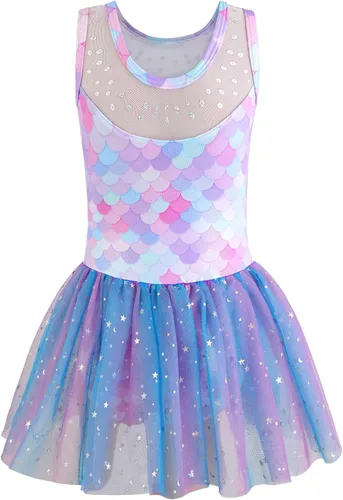 Vista 2 de EQSJIU Ballet Leotard with Tutu Skirt for Girls Dance Gymnastics Toddlers Sparkly Snowflake Party Dress Outfit Kids