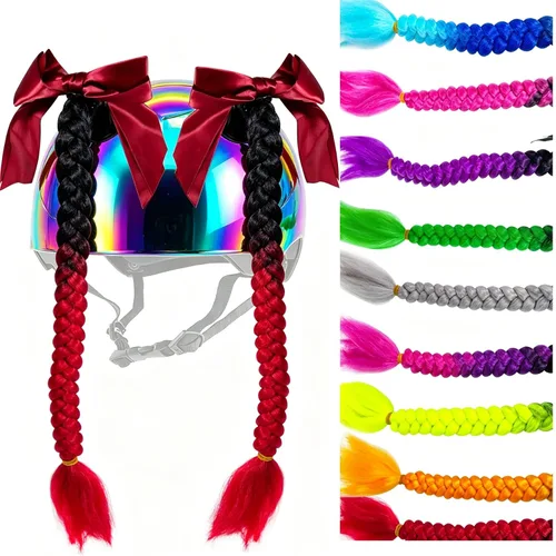 Vista 9 de Extensión de cola de caballo para niñas con ventosa para casco, 2 piezas, accesorios para casco con lazo, coletas para casco de motocicleta