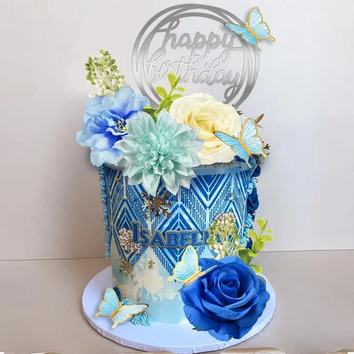 Vista 3 de 19 piezas de decoración de mariposa para pasteles, decoración de feliz cumpleaños con rosas azules artificiales, mariposas de eucalipto, suministros