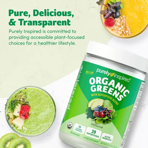 Vista 6 de Purely Inspired Organic Greens Powder Superfood Smoothie Mix, sin sabor (30 porciones) – Super Greens con probióticos, espirulina y clorella