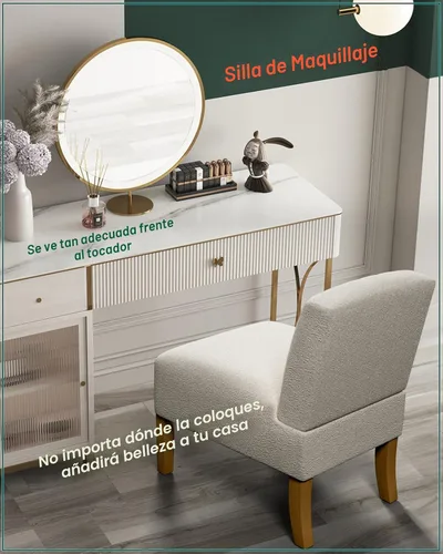Vista 6 de Silla decorativa sin brazos para dormitorio, moderna silla de tocador con patas de madera maciza, cómoda silla tapizada para dormitorio, silla